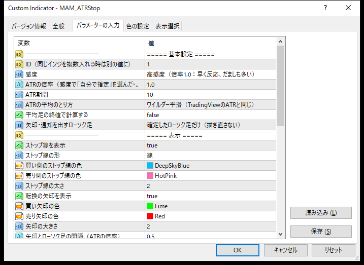 ATRトレーリングストップ・損切りライン表示インジケーターのパラメーター設定画面（基本設定）