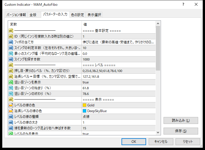 フィボナッチ自動描画インジケーターのパラメーター設定画面(基本設定・レベル)