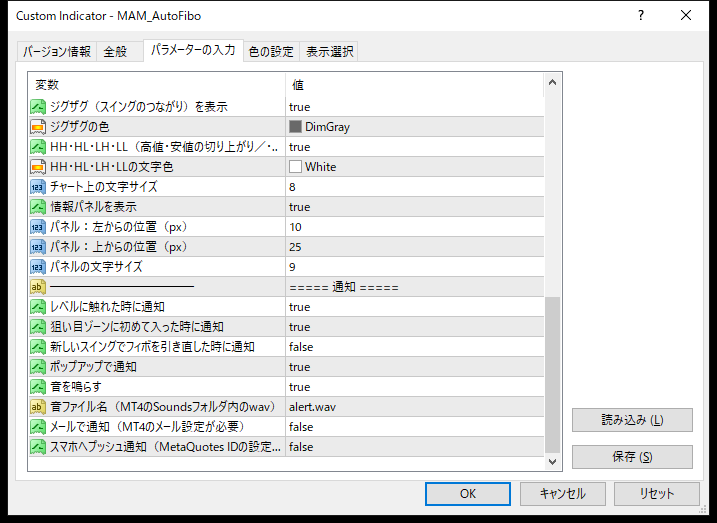 フィボナッチ自動描画インジケーターのパラメーター設定画面(通知)