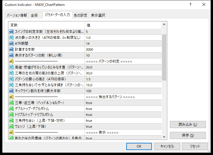 チャートパターン検出インジケーターのパラメーター設定画面（パターンの判定・検出するパターン）