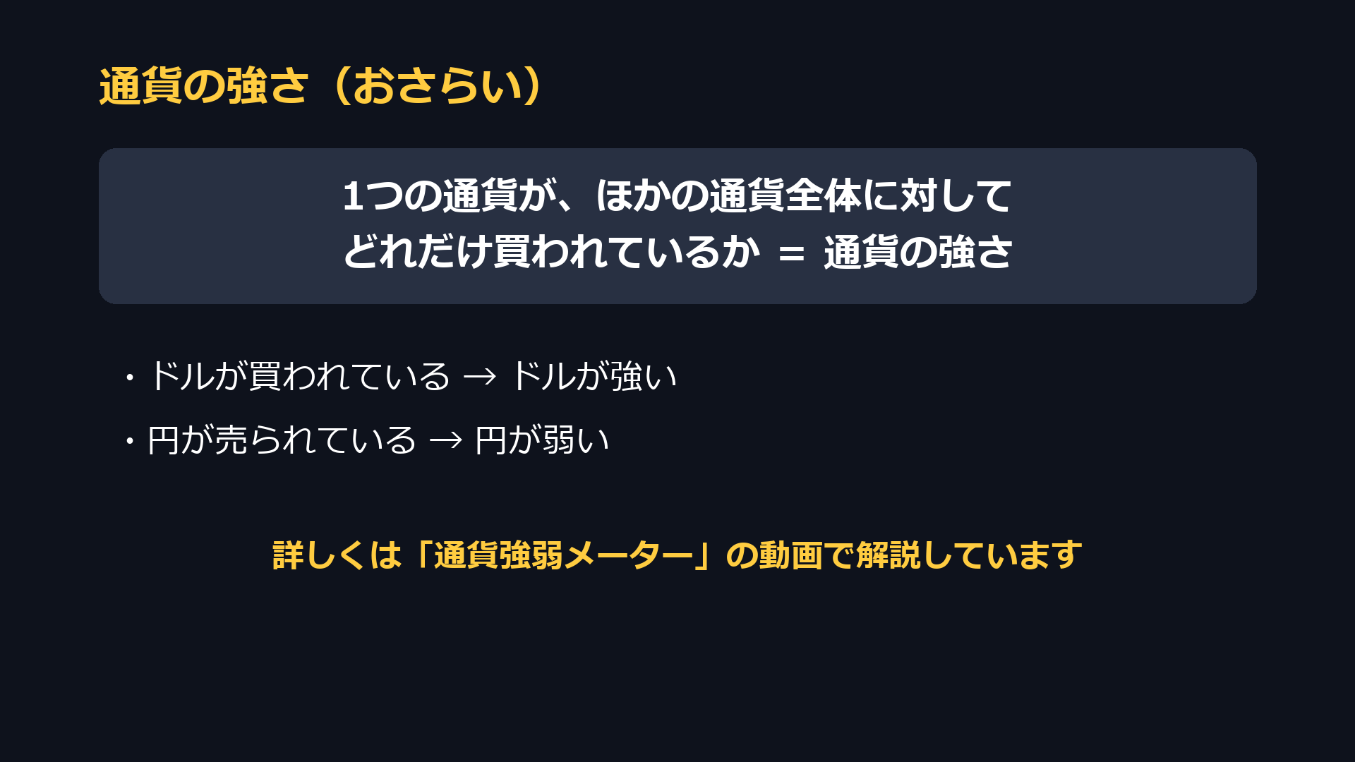 通貨の強さのおさらい。1つの通貨が、ほかの通貨全体に対してどれだけ買われているか