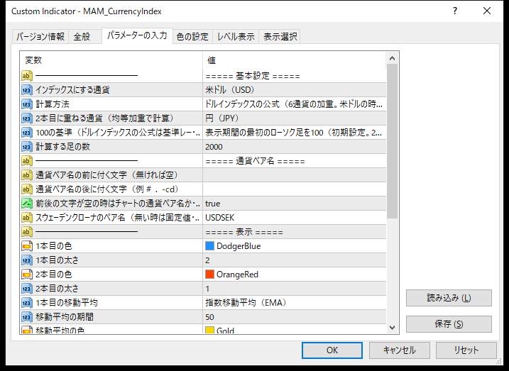 通貨強弱・通貨インデックス表示インジケーターのパラメーター設定画面（基本設定）