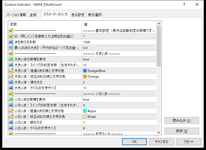 エリオット波動自動カウントインジケーターのパラメーター設定画面(基本設定・大きい波・小さい波)