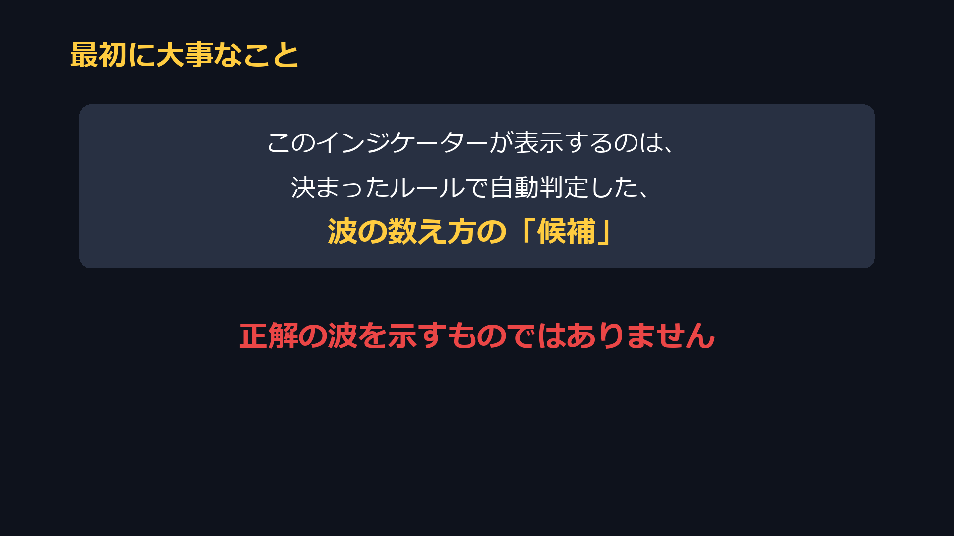 最初に大事なこと。このインジケーターが表示するのは、決まったルールで自動判定した波の数え方の候補。正解の波を示すものではありません