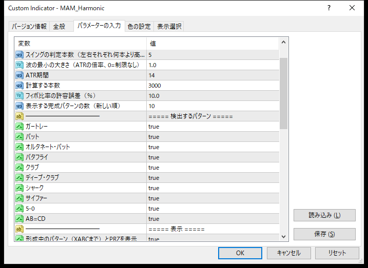 ハーモニックパターン検出インジケーターのパラメーター設定画面（検出するパターン）