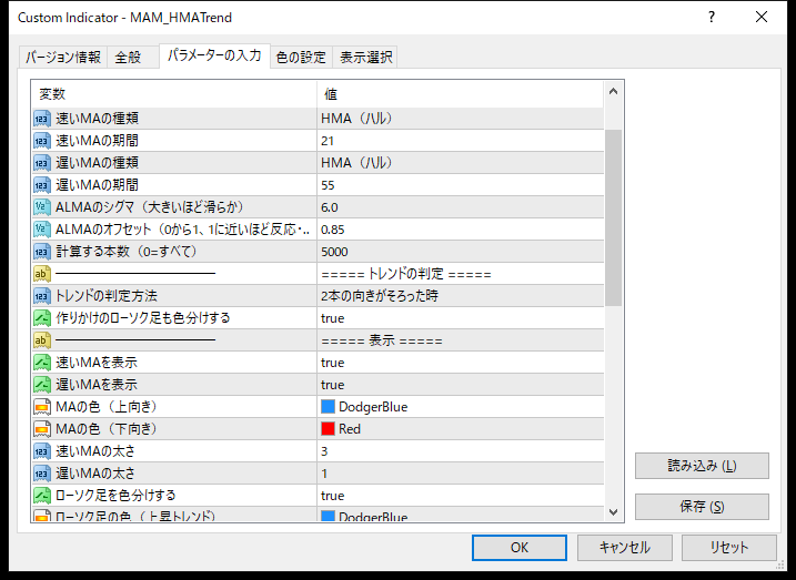 HMA・ハル移動平均線トレンド色分けインジケーターのパラメーター設定画面（トレンドの判定・表示）