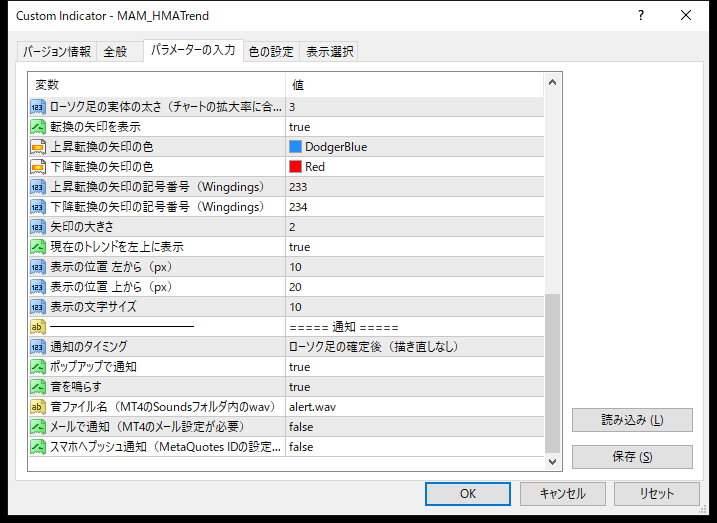 HMA・ハル移動平均線トレンド色分けインジケーターのパラメーター設定画面（矢印・左上の表示・通知）
