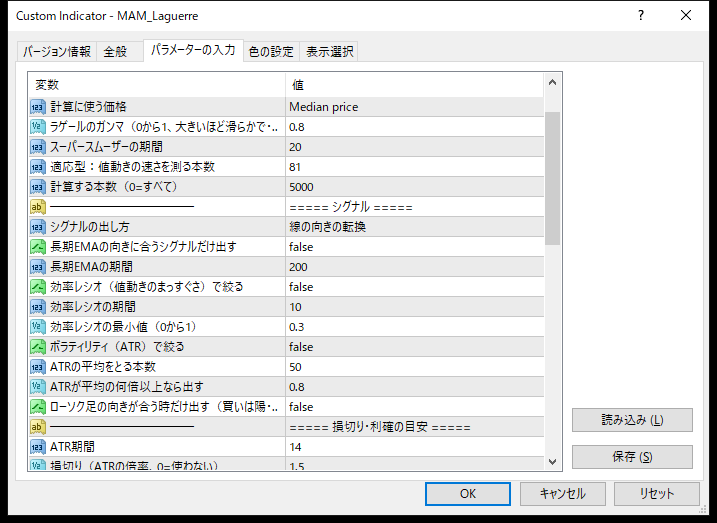 ラゲールフィルター・トレンド判定インジケーターの、矢印を絞り込む条件のパラメーター