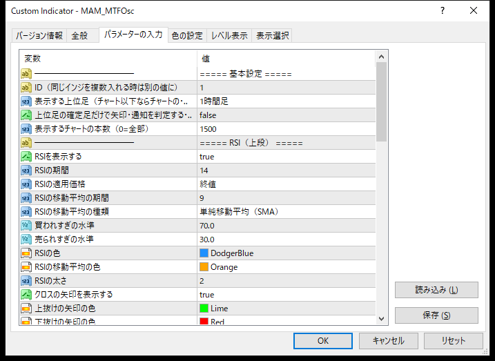 MTF・上位足RSI・ストキャス・MACD表示インジケーターのパラメーター設定画面（基本設定・RSI）