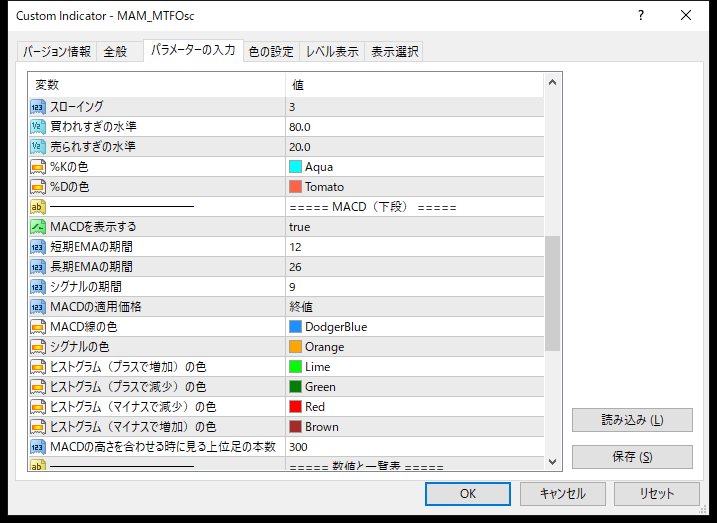 MTF・上位足RSI・ストキャス・MACD表示インジケーターのパラメーター設定画面（ストキャスティクス・MACD）