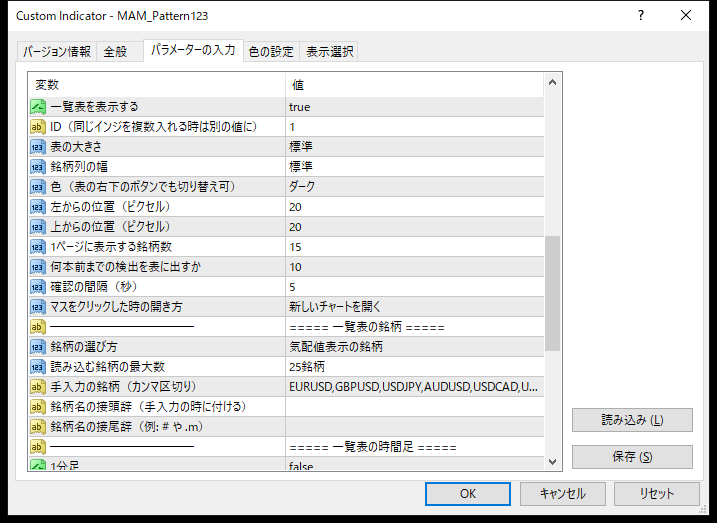 トレンド転換・1-2-3パターン検出インジケーターのパラメーター設定画面(一覧表・一覧表の銘柄)