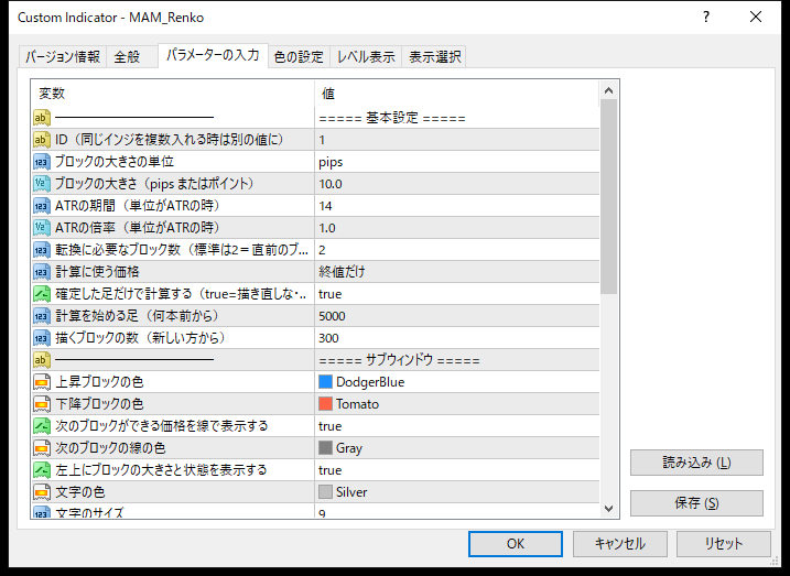 練行足・レンコー足表示インジケーターのパラメーター設定画面（基本設定・サブウィンドウ）