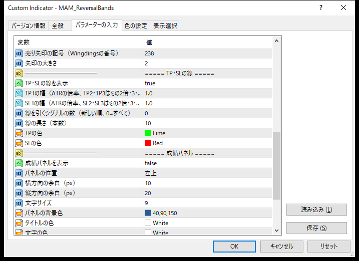 バンドタッチ逆張りサインインジケーターのパラメーター設定画面(TP・SLの線など)