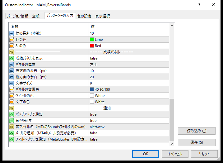 バンドタッチ逆張りサインインジケーターのパラメーター設定画面(通知)