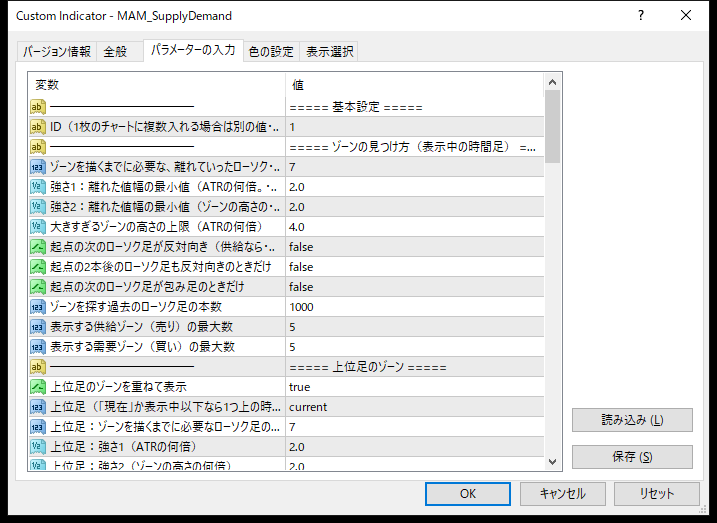 需給ゾーン自動描画のパラメーター設定画面