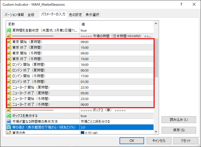 各市場の開始時刻と終了時刻を設定するパラメーター