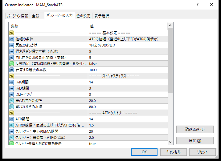 ストキャスティクス×ATR反転サインインジケーターのパラメーター設定画面（基本設定・ストキャスティクス）