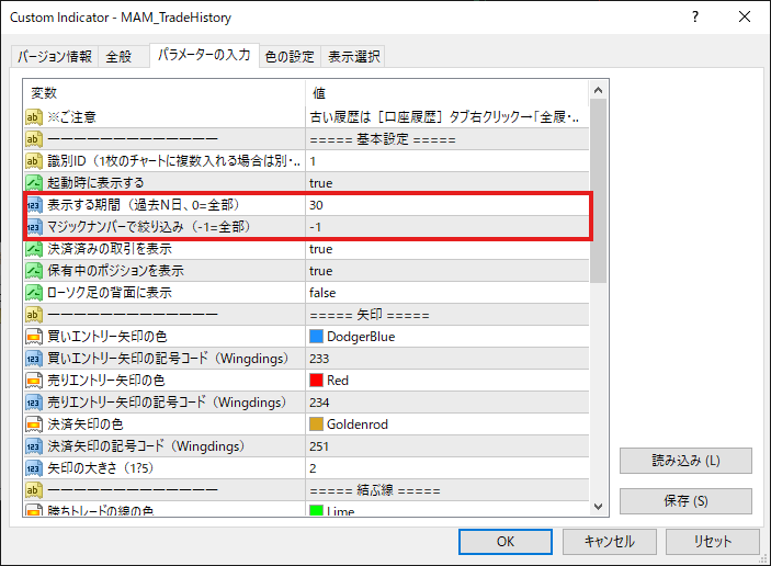 表示する期間とマジックナンバーで絞り込みのパラメーター