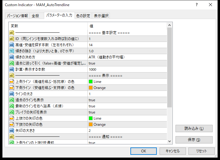 トレンドライン自動描画・ブレイク通知インジケーターのパラメーター設定画面