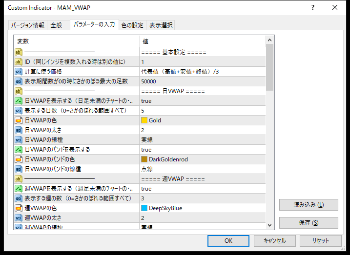 VWAPラインのパラメーター設定画面