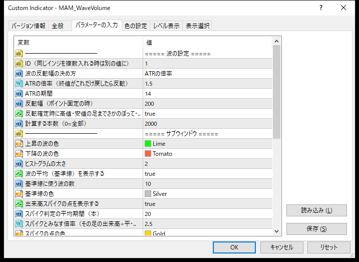 ワイスウェーブ・波ごとの出来高表示インジケーターのパラメーター設定画面（波の設定）
