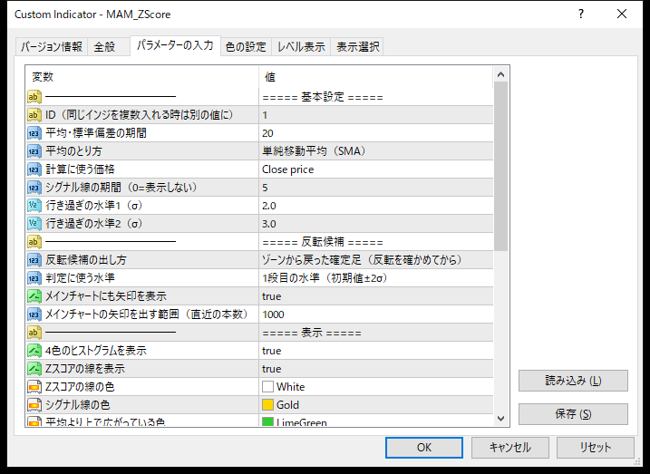 移動平均乖離・Zスコア表示インジケーターのパラメーター設定画面(基本設定・反転候補・表示)